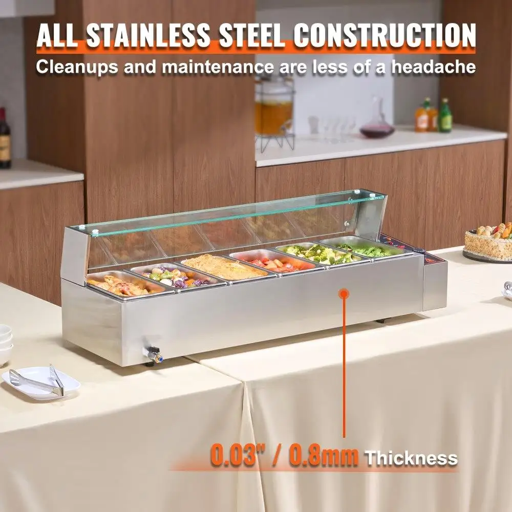 Bancada de buffet com aquecedor elétrico de 6 panelas com vidro com capacidade de 48 Qt para catering e eventos