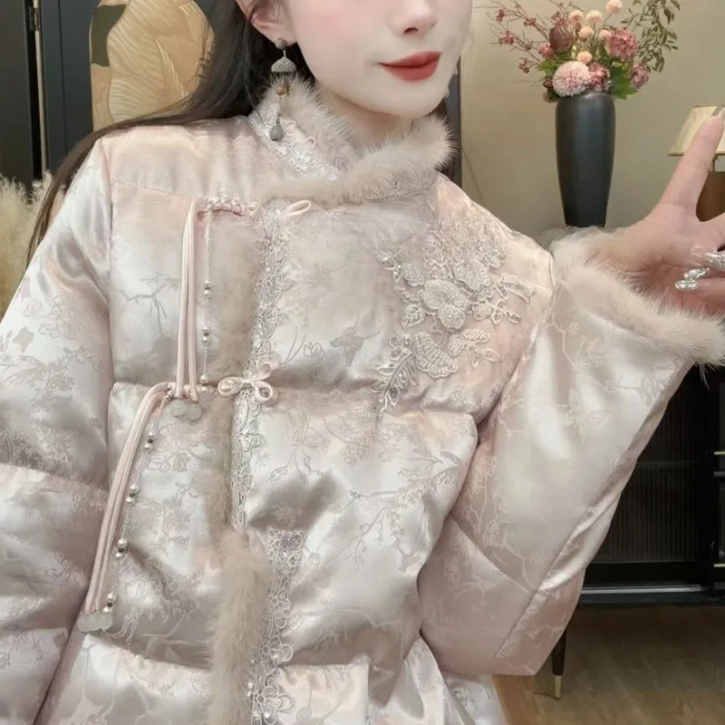 

Новое зимнее пальто, утепленная пуховая куртка на хлопковой подкладке, пальто в китайском стиле с вышивкой, теплое пальто с хлопковой подкладкой и воротником из натурального меха