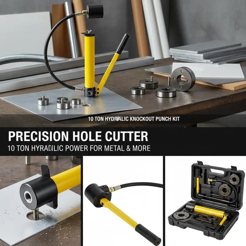 Hydraulic Hole Puncher Driver 1/2" to 2" For Electrical Installation, Plumbing, Metal Fabrication, 10 Ton Force 6 Die Sets Carbon Steel Manual Pump Operation Construction Site Tool view 8