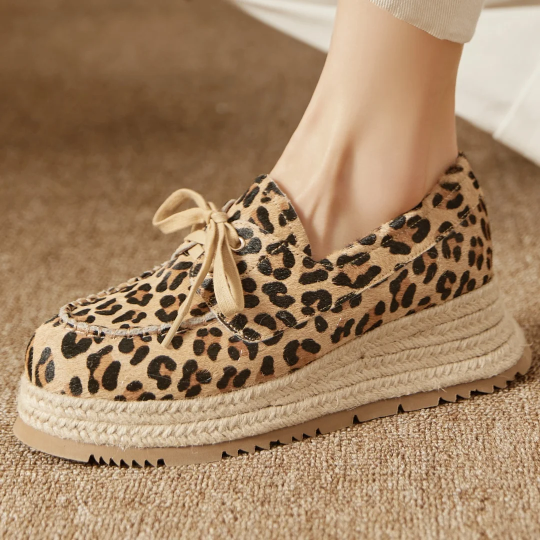 

Женские леопардовые оксфорды на толстой подошве на платформе и плоской подошве, оксфорды на шнуровке с круглым носком, высококачественные повседневные женские повседневные оксфорды из конопли