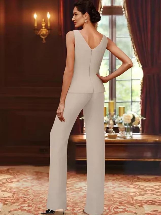 Jumpsuit / Pantsuit 3 Piece Mother of the Bride Dress Formal Wedding Guest V Neck Floor Length Chiffon with Beading Sequin 2026
