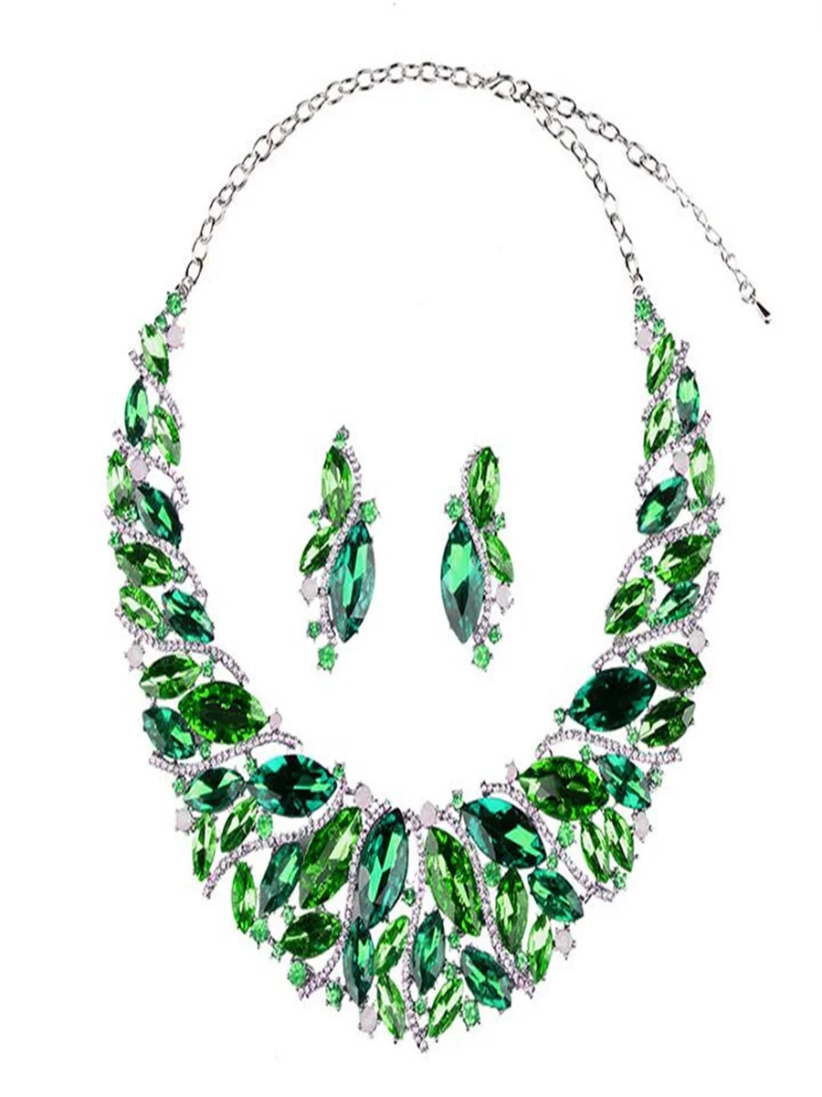 High density alloy glass crystal earrings necklace set  High-grade electroplated alloy jewelry for woman