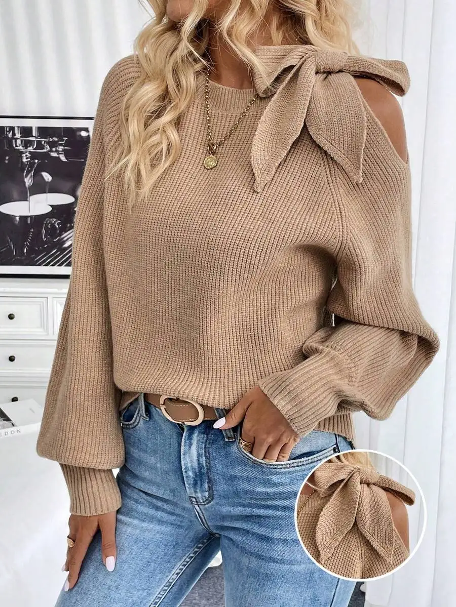 

Women's Beige Knit Pullover with Bow Cut-Out Shoulder, Long Sleeve Casual Sweater