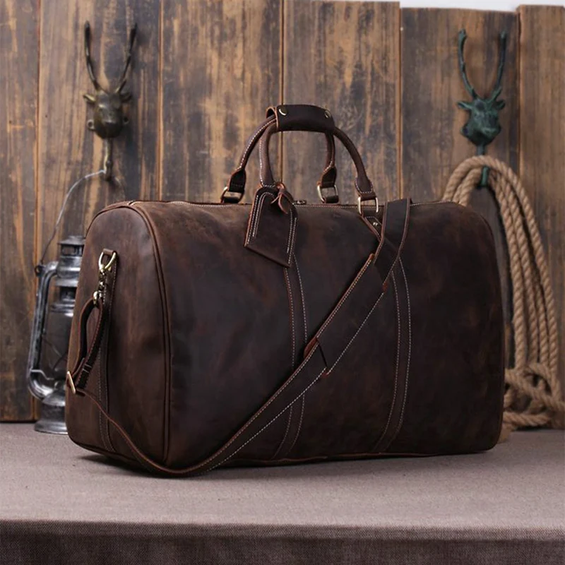 Vintage Crazy Horse Genuine Leather Travel bag Men Duffel Bag Luggage Travel Bag Large Men Leather Duffle Bag Weekend Tote Big