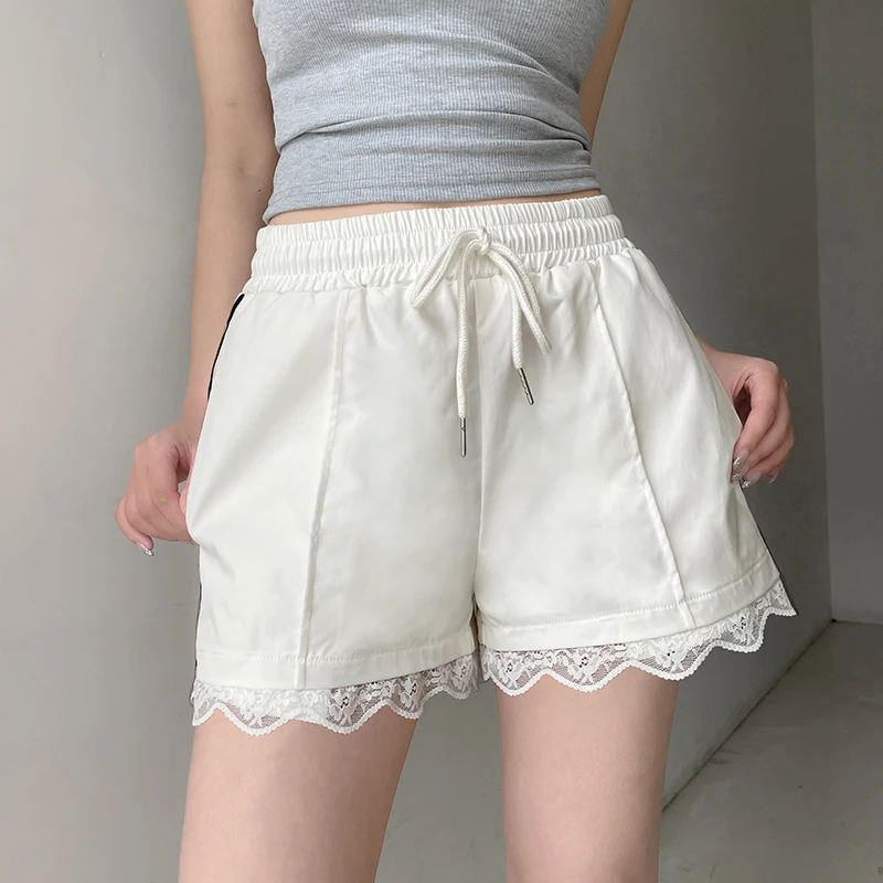 Darlingaga Casual Stripe Lace Spliced White Women Shorts Drawstring Elastic Waist Korean Style Homewear Summer Short Pants Hot