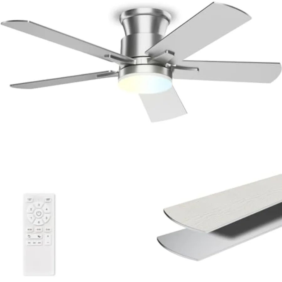 Flush Mount Ceiling Fans with Lights 42 Inch, Remote Control, 3CCT Dimmable, 6 Speeds, Noiseless Reversible DC Motor, Low Profi