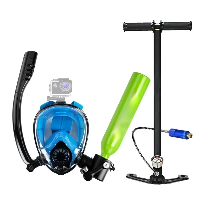 Diving Tank with Snorkel Mask 0.5L Mini Scuba Portable Oxygen Cylinder Full Face Diving Mask Underwater Breath System with Pump