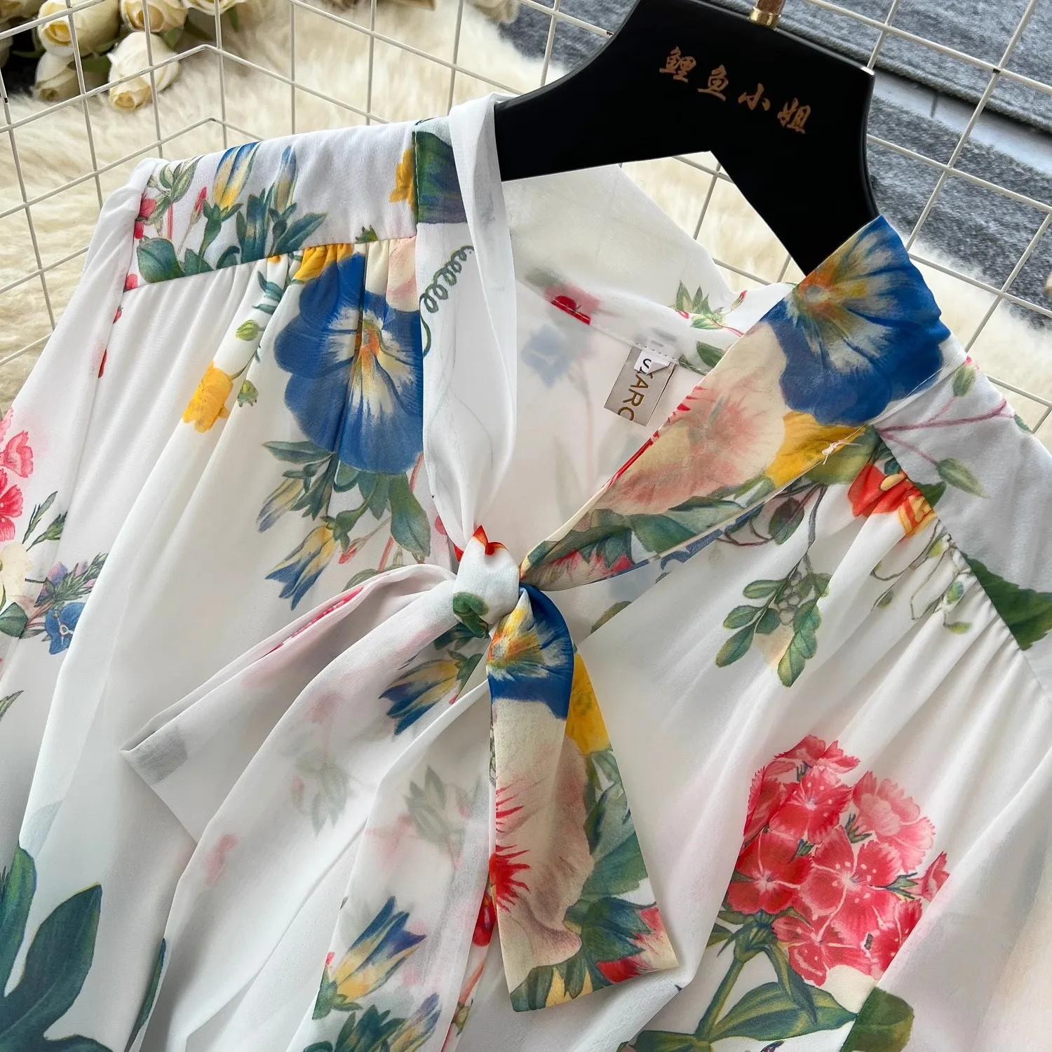 Vestido bohemio de verano con flores para mujer, vestido de vacaciones con lazo y manga larga acampanada, fajas con estampado Floral, bata para fiesta de graduación
