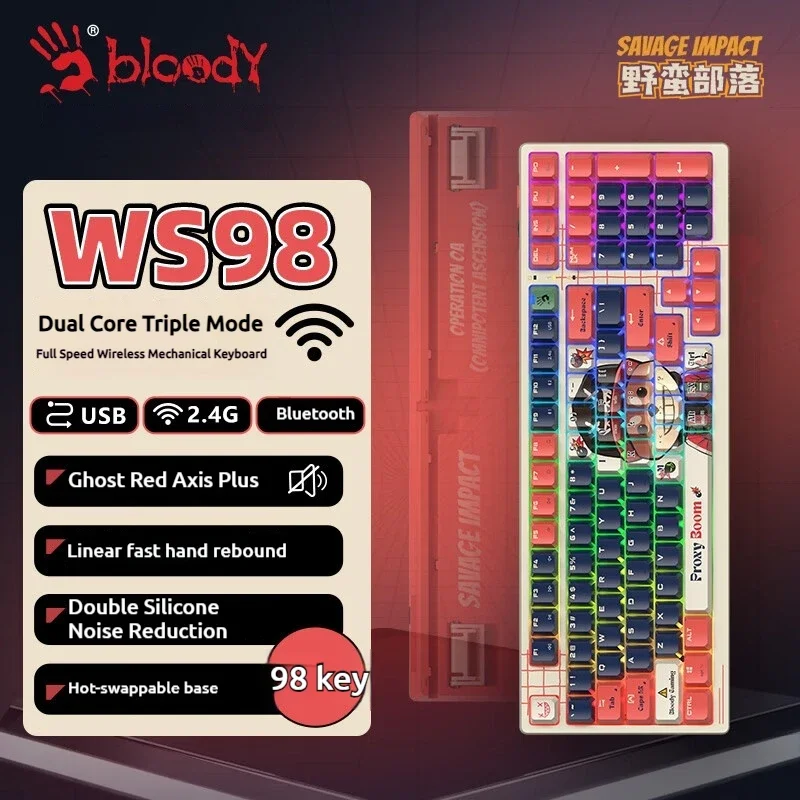 A4Tech Bloody Savage Impact WS98 Three Mode Wireless Mechanical Keyboard Ergonomic Hot Swap Mechanical E-sports Gaming Keybaord