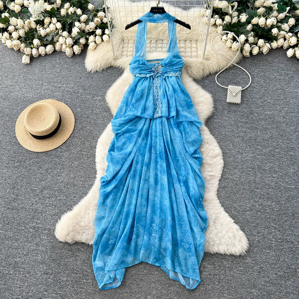 

Women Neck Mounted Dresses A Line Print Dress Mid Calf Lenth Strapless Sleeveless Waist Cinch Slim Casual Elegant 2026 Summer