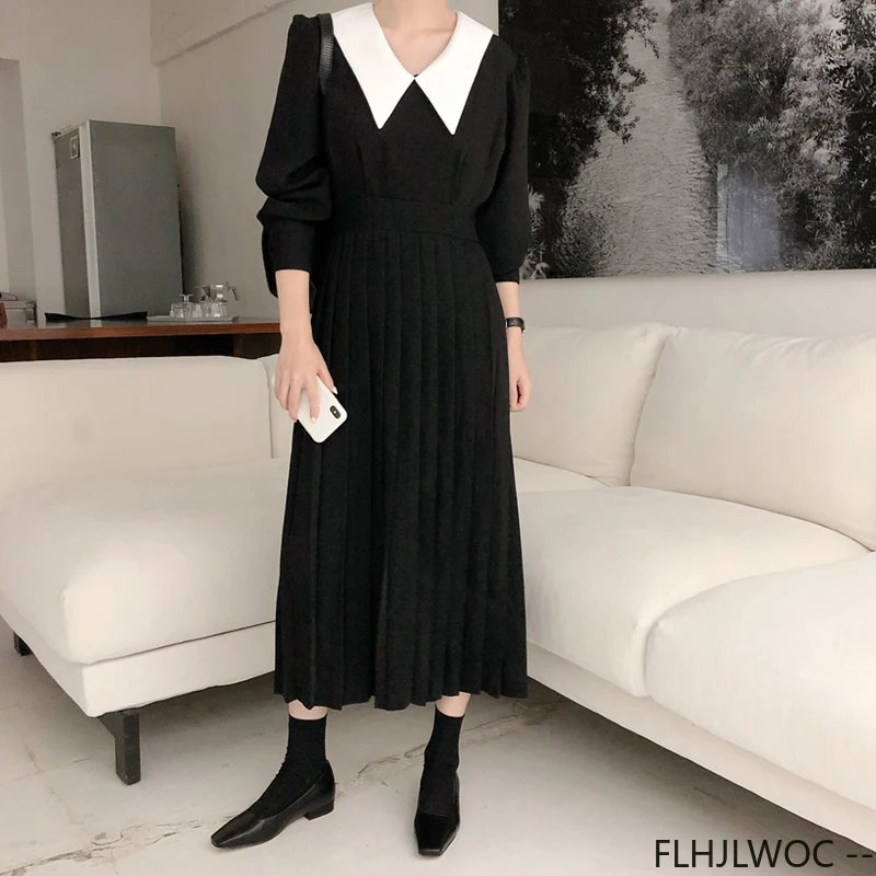 French Design Elegant Black Dresses Hot Sales New Women Short Sleeve Bow Tie Lace-Up White Collar Pleated Dress