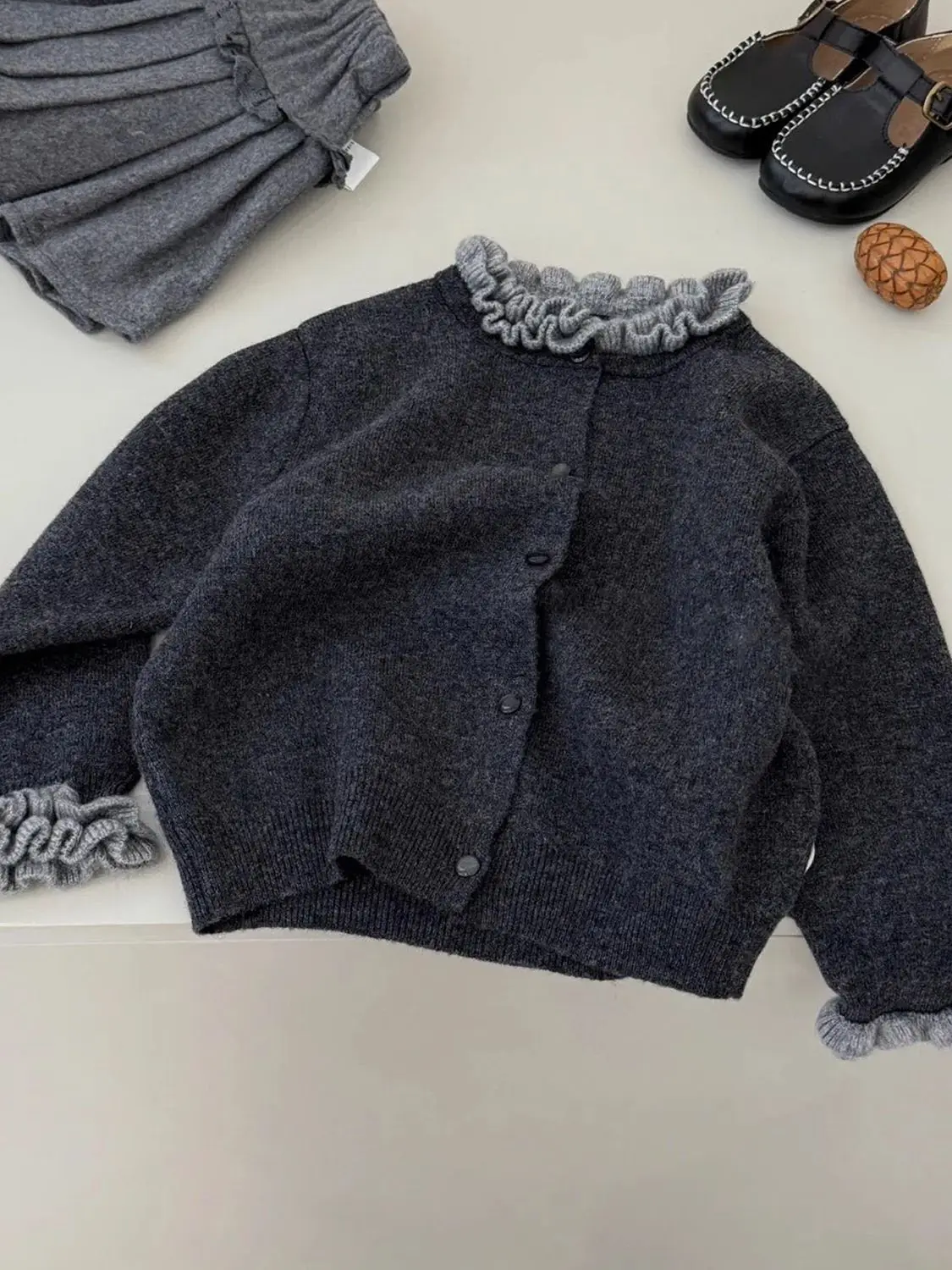 Girls' Set Autumn/Winter New Collection Children's Ear Fungus Lace Sweater Cardigan+Woolen Pleated Half Skirt 2-Piece Set