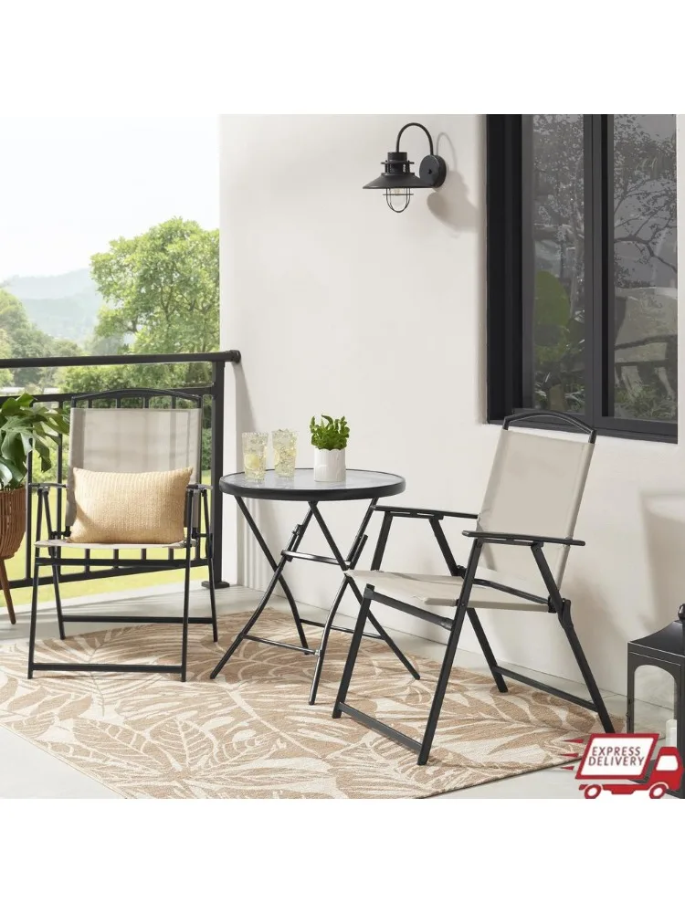 

3 Piece Bistro Set Folding Chairs Tempered Glass Table Outdoor Patio Dining Set Rust Resistant Steel Frame Fade Resistant Sling