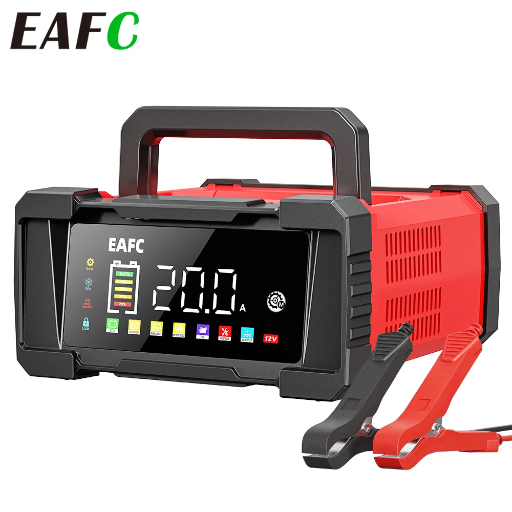 EAFC Large Screen Battery Charger 12V 20A 24V 10A Pulse Repair 7-Stage Automatic Charging for Car Motorcycle Truck Lead-Acid