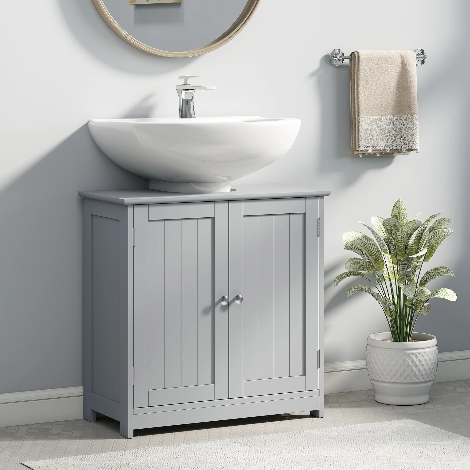 Pedestal Sink Storage Cabinet, Bathroom Sink Cabinet with U-Shape Cut-Out and Adjustable Shelf, Gray