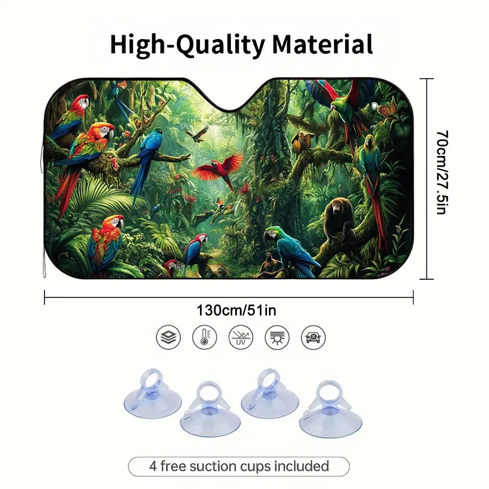1pc 2D Flat Rainforest Colorful Parrots & Tropical Foliage Print Car Sunshade With 4 Suction Cups - Foldable Fit, Heat-Resistant