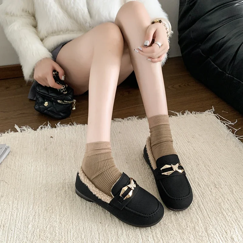 Winter Soft Fur Lining Moccasins for Women Leather Ladies House Warm Indoor Outdoor Anti Skid Loafers Slip On Flat Shoes