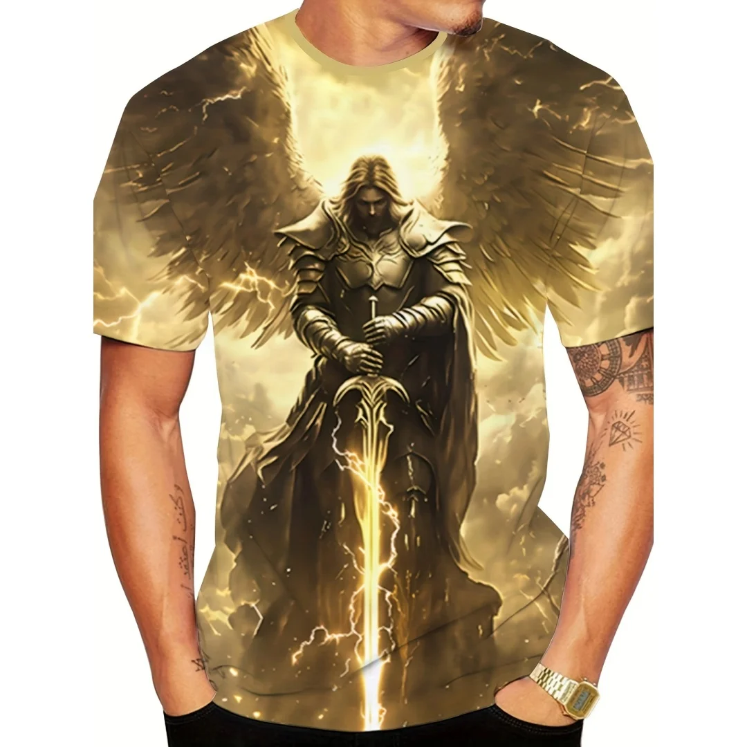 T-shirt pour homme avec impression 3D intégrale de l'archange Saint Michel, motif ange guerrier religieux, t-shirt à manches courtes, foi chrétienne