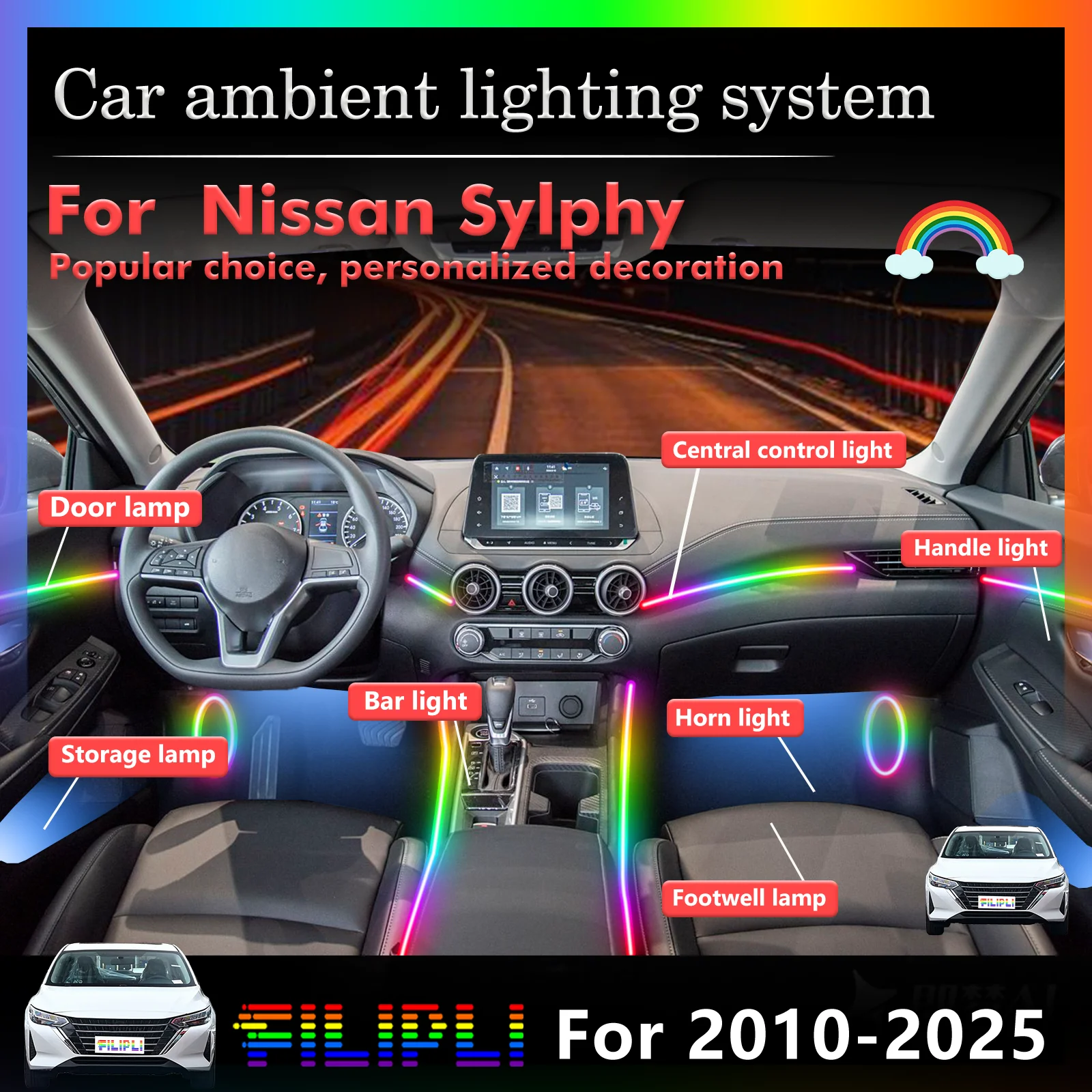 

Для Nissan Sylphy салон автомобиля комплект окружающей лампы RGB 64-цветный светодиодный умный пульт дистанционного управления энергосберегающие эффективные огни