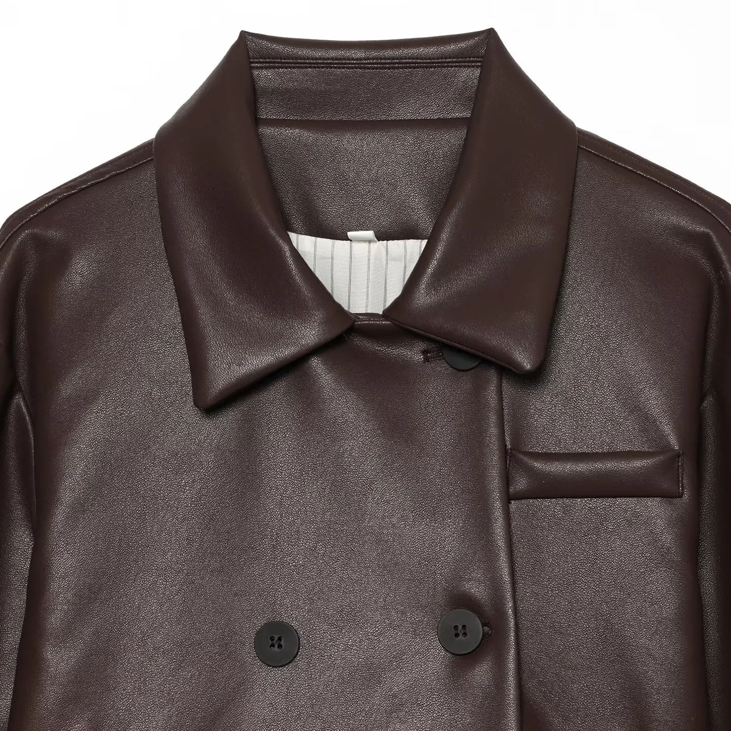 Fashionable Women's Short Jacket 2026 Summer Casual Style Deep Brown Long Sleeve Turn-down Collar Double-breasted Pleated