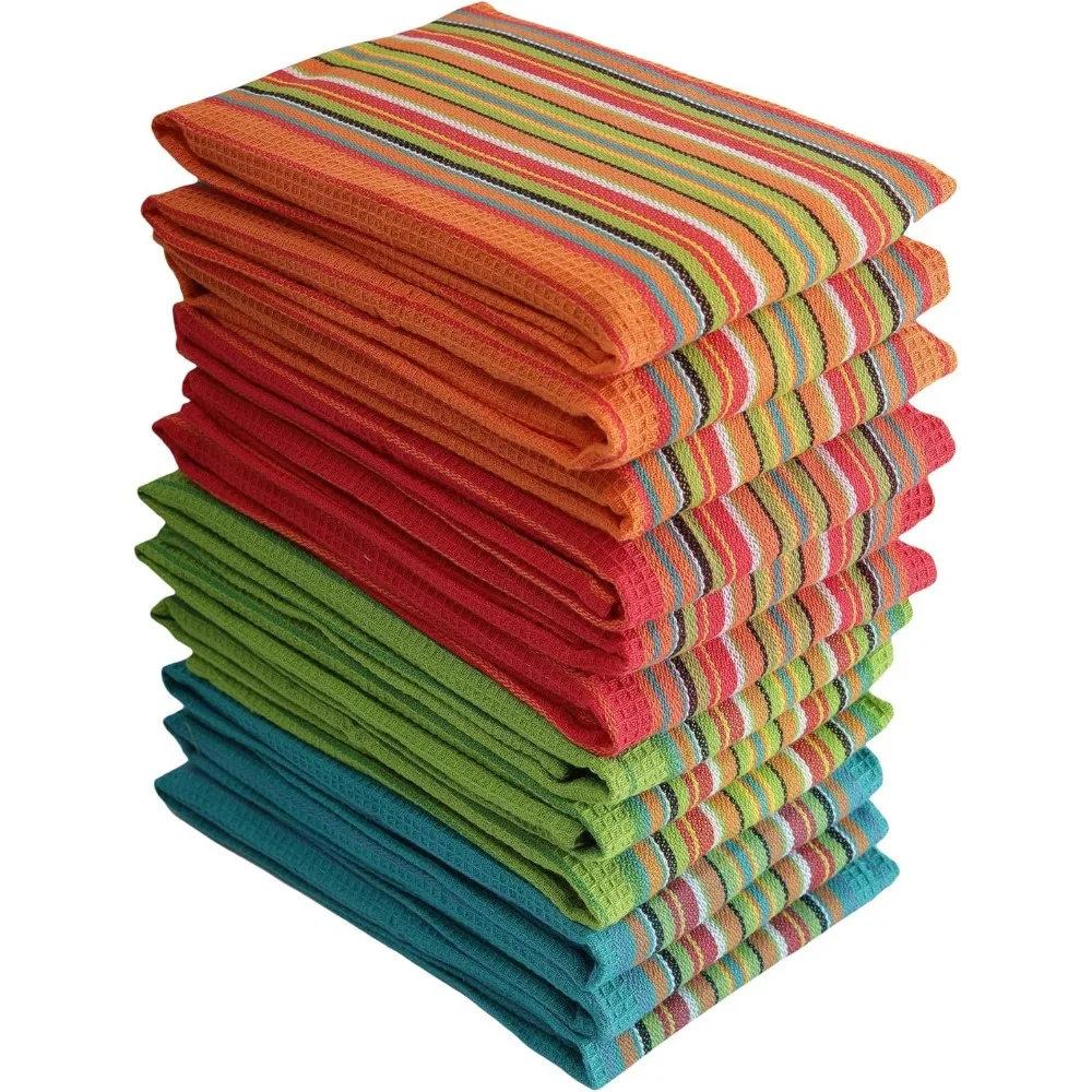 

Salsa Stripe Cotton Kitchen Towels Highly Absorbent Waffle Weave 16x28 Pack of 12