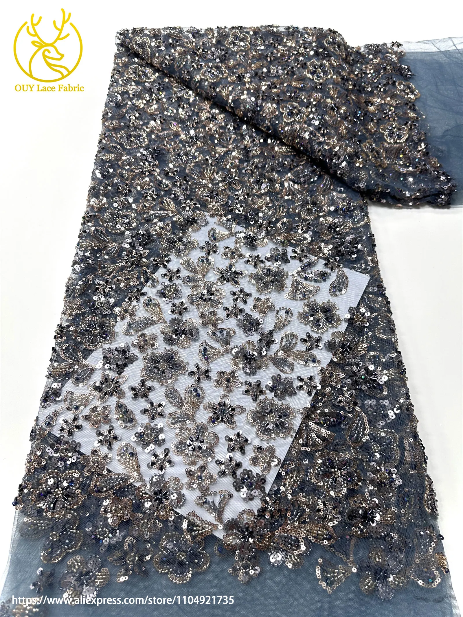 2026 Eleganter französischer Mesh-Spitzenstoff mit Perlen, hochwertiger afrikanischer nigerianischer Pailletten-Tüll-Spitzenstoff für Hochzeitskleider zum Nähen – Detail 21
