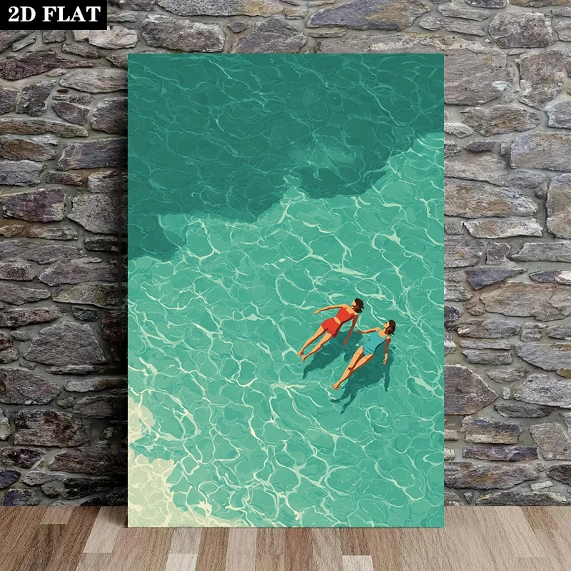 Lienzo de nadadores oceánicos sin marco, arte de pared de 16x24 pulgadas, escena de piscina de playa turquesa, decoración costera calmante para baño y dormitorio
