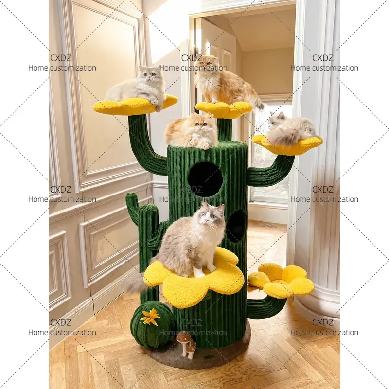 Large Cactus Cat Tree with Integrated Nest and Climbing Frame Green Plant Style Fabric Upgraded Super Big Cat Scratching Post