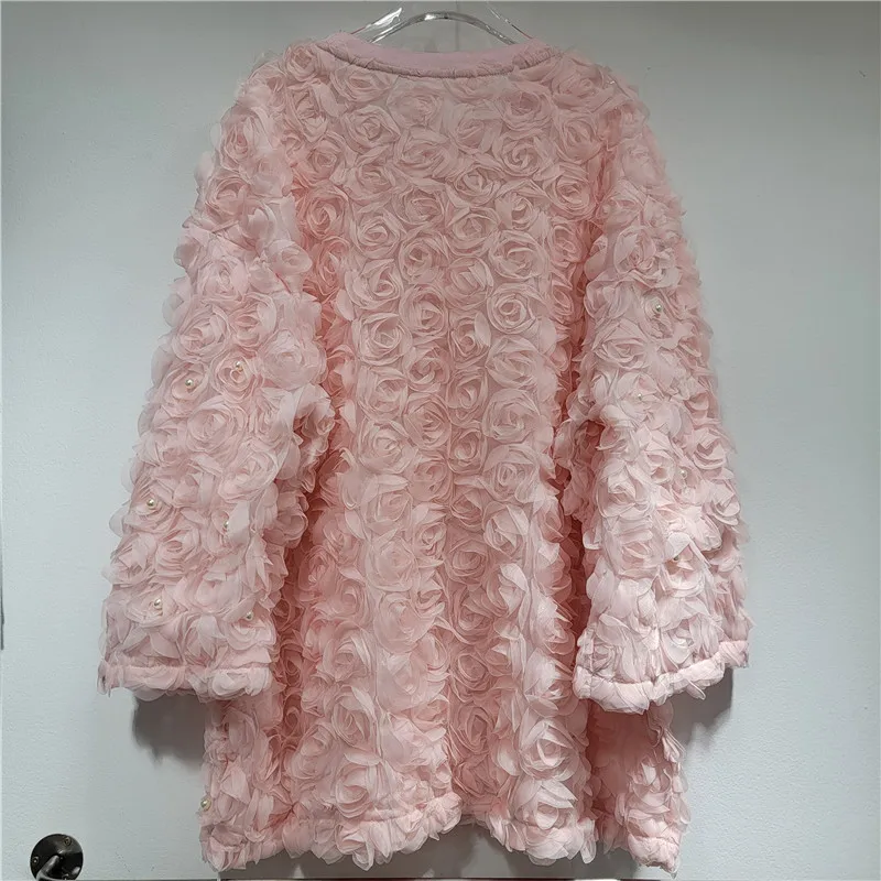 Heavy Industry 3D Three-dimensional Flower Beaded Mesh Sweatshirt Sweet O-Neck Long Sleeves Top 2024 Autumn New Oversize Hoodies