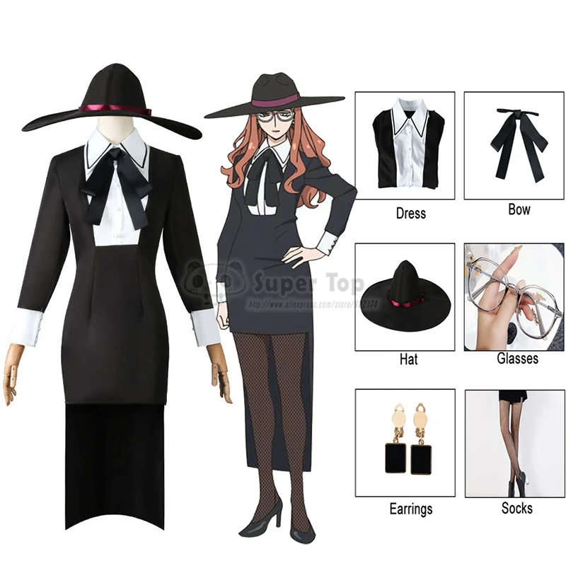 Anime Spy X Family Sylvia Sherwood Cosplay Costume Full Sets Sylvia Sherwood Black Dress Outfit With Hat Women Clothes Halloween