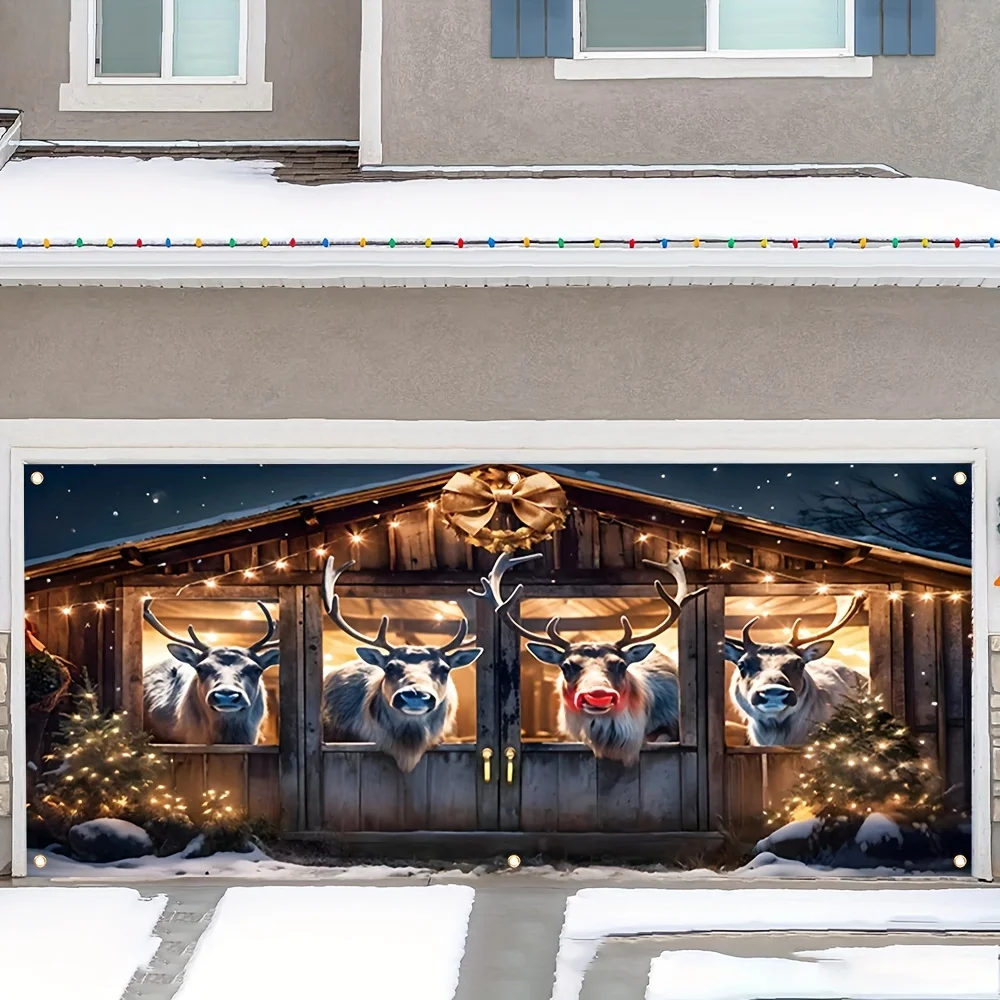 Bannière 2D 1 pièce, drapeau couvert de porte de garage de Noël, quatre renne en motif stable, drapeau de garage du Nouvel An