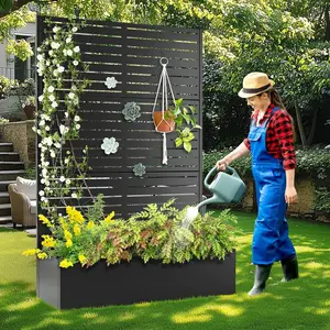 Black 47L x 17W x 71H Metal Planter with Trellis, Drainage, and Privacy Screen for Climbing Plants