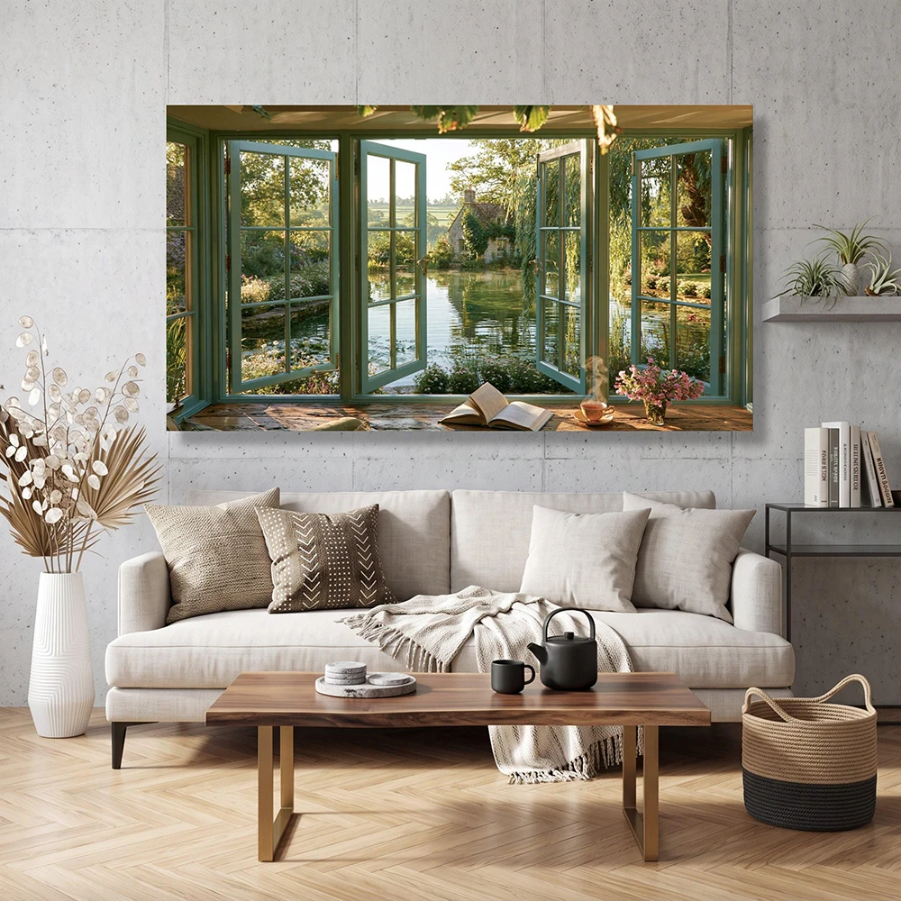 2D Flat A tranquil garden pond and a canvas with open windows, depicting a country cottage landscape. home living room decor, no