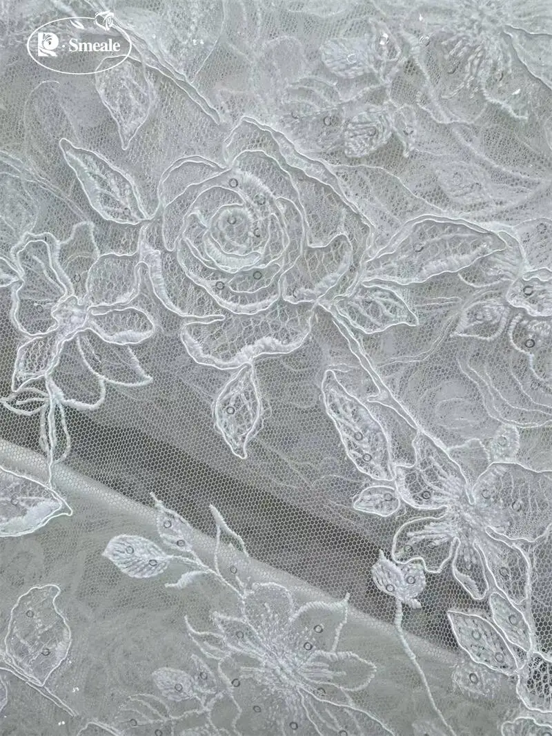 SMEALE Weißer Spitzenstoff Luxuriöses Abendkleid Französische Spitze Braut-Hochzeitsstoff. Stoffe zum Nähen – Detail 3