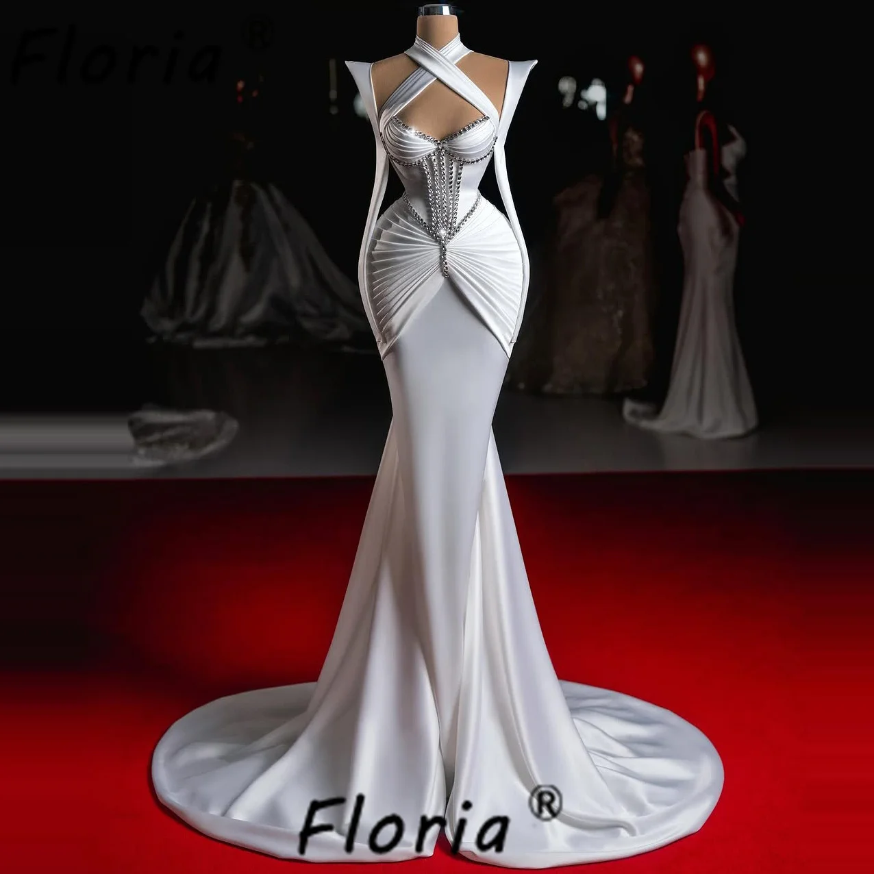 

Elegant Satin Mermaid Evening Dress Crystal Long Sleeve Pleats Formal Occasion Gowns Wedding Ceremony Dresses Robes Customized