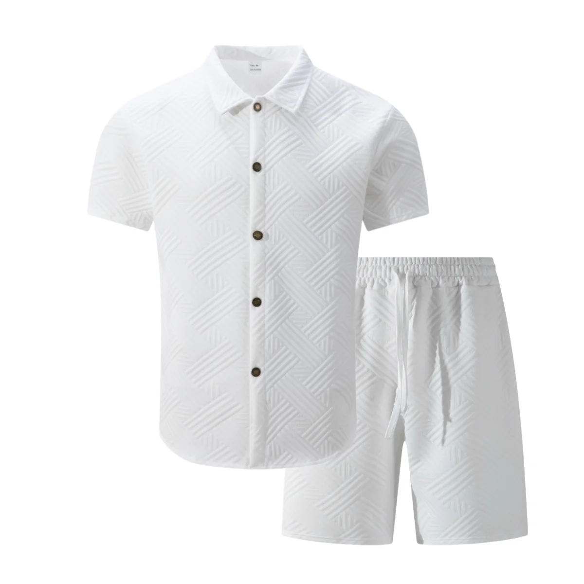 Men Summer Jacquard Textured 2 Piece Outfit, Short Sleeve Shirt & Drawstring Elastic Waist Shorts, Street Vacation Casual Suit