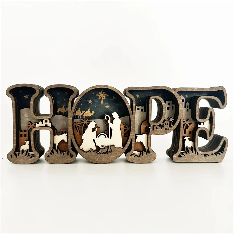 Wooden Nativity Scene Hope Letter Sign Carved Table Decor Christmas Centerpiece For Home Mantel Cozy Rustic Gift For Couples