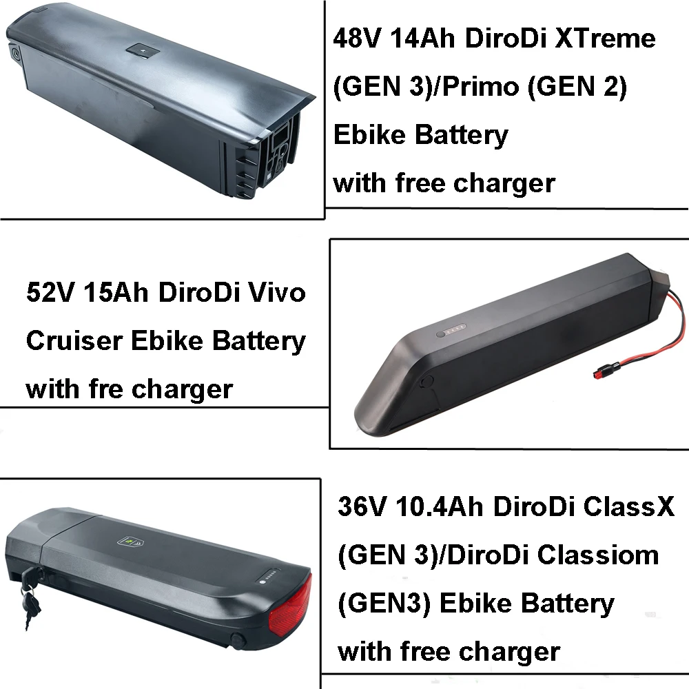 

Electric Bike Battery 36V 10.4Ah 48V 14Ah 52V 15Ah Lithium Battery for DiroDi XTreme Primo Vivo ClassX Classimo Gen 2 Gen 3