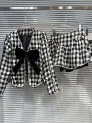 HIGH STREET Newest 2024 Designer Runway Suit Set Women's Black White Checkered Large Bow Short Jacket Ruffle Mini Skirt Suit