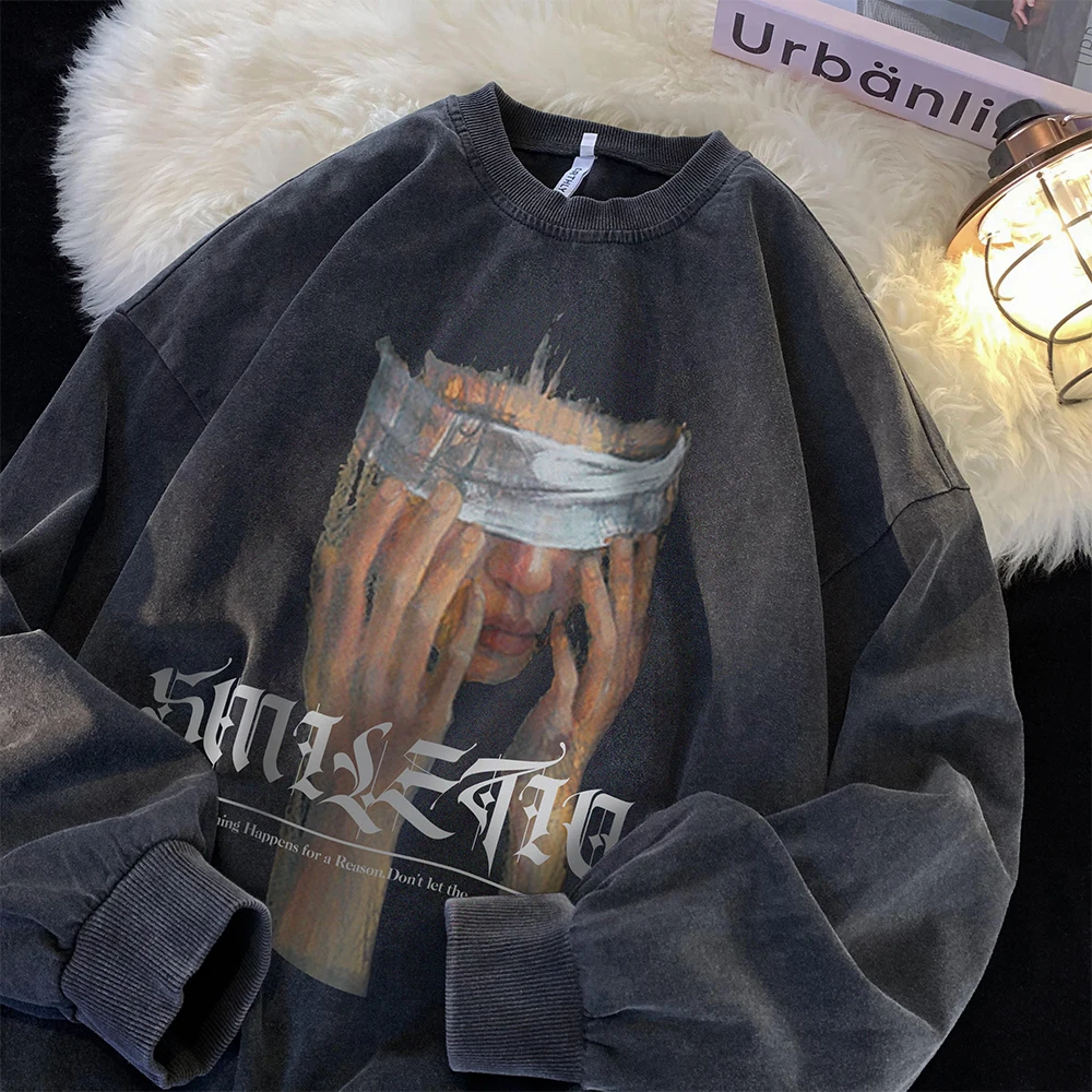 

Мужская винтажная толстовка Waed с длинным рукавом и круглым вырезом, свободного кроя, в стиле хип-хоп, для весны и осени, модная брендовая футболка-куртка