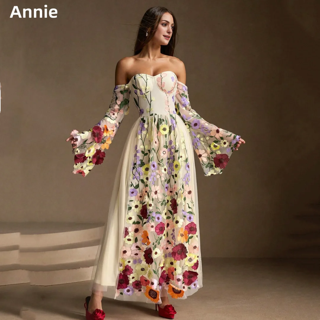 Jessica Champagne Prom Dresses Embroidered Floral Puffy Long Sleeves Wedding Dress Princess Robes De Soirée Customized 2025