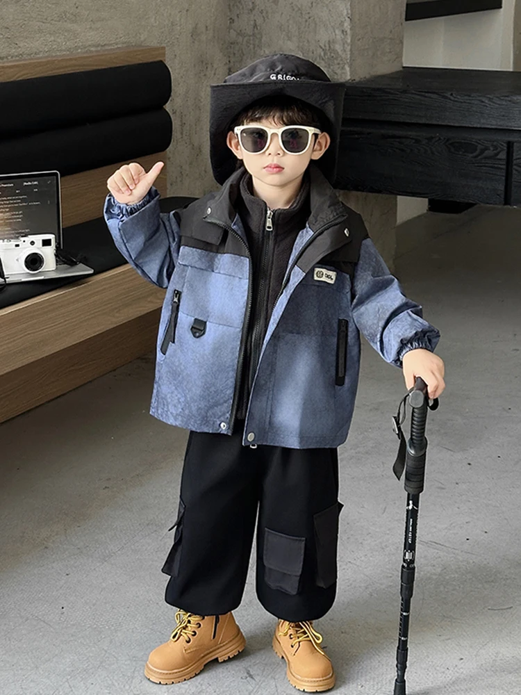 

Children's Tee-in-One Windbreaker Jaet Spring Autumn Boy's Faionable Hooded Coat Baby Boy's Cool Sle Outerwear