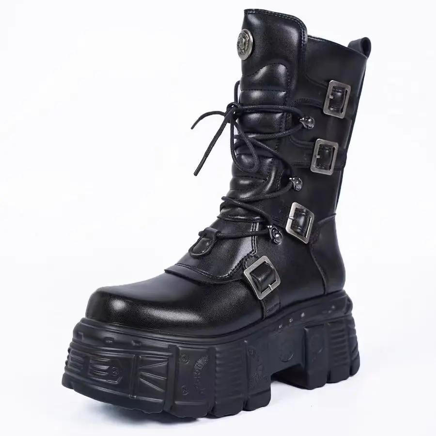 Cyber Rock Women's New Metal Punk Tank Locomotive Heightened Thick Bottom Hottie Lace Up Medium Tube Diablo Platform Heels Boots