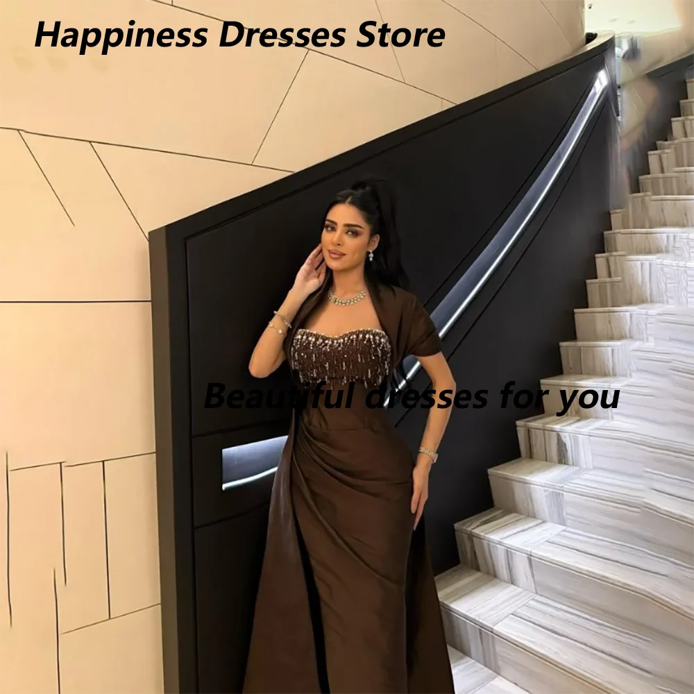 Zeemeermin avondjurk met sjaal kristal strapless satijn luxe avondjurken bruin Saoedi-Arabische formele feestjurk op maat