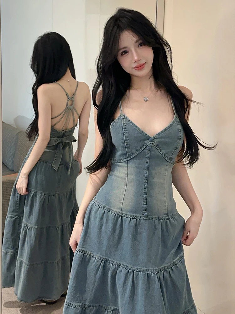Frauen Kleidung Retro Y2K Denim Sexy Strap V-ausschnitt Backless Schlank Abendkleid Elegante Party Geburtstag Vestidos Robe Urlaub Casual