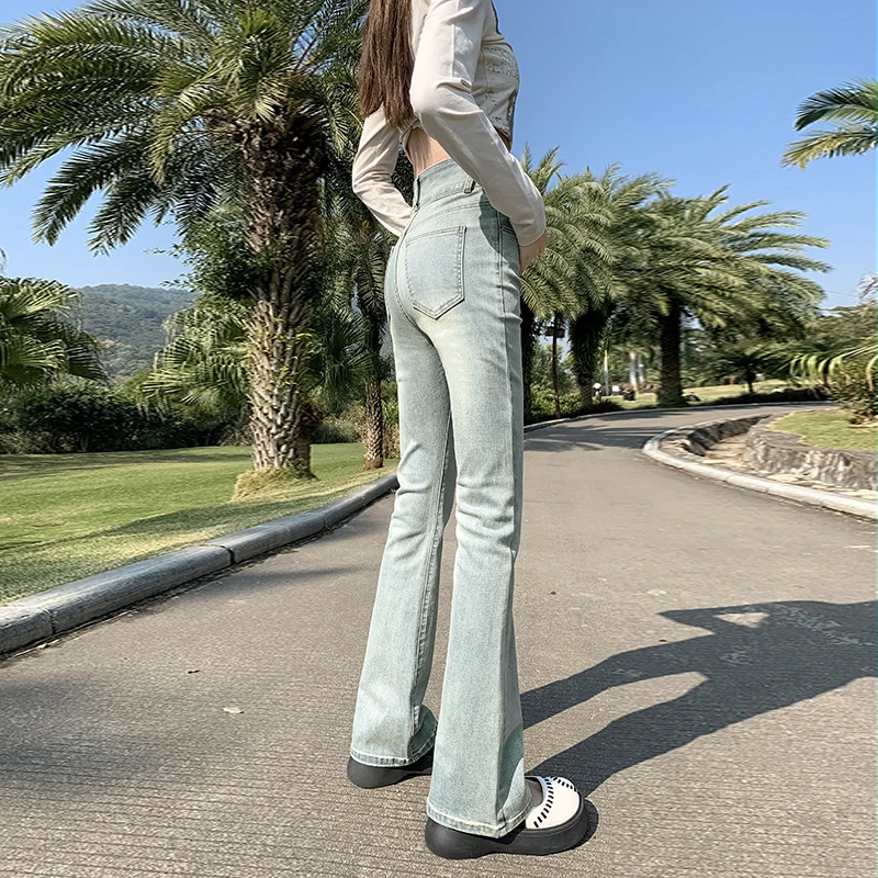 OUSSYU Flared Jeans Women Cotton High Waist Slim Y2K Lengthened Pants Elastic Force Retro Blue Fashion Trousers Female XS-XXL