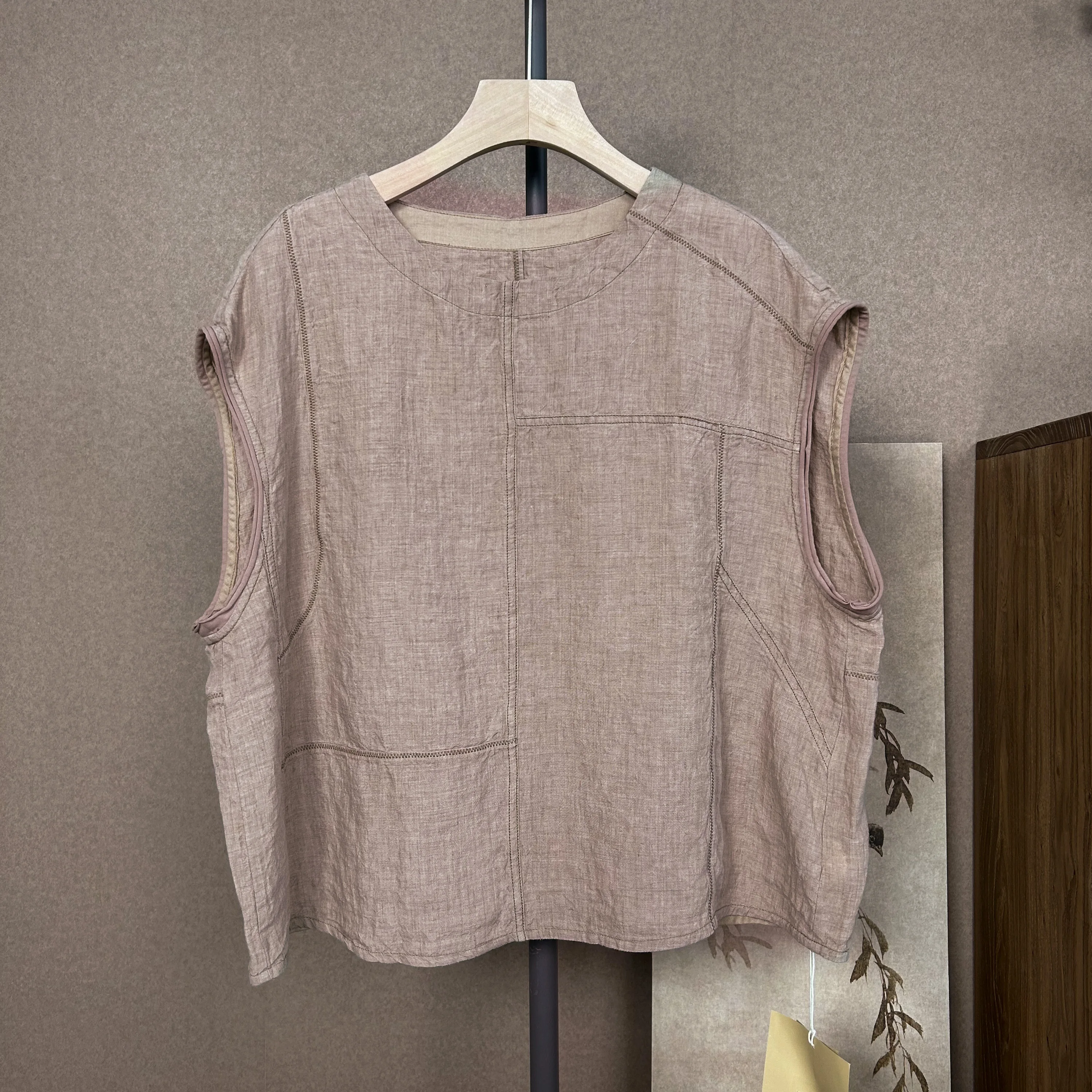 

Retro Linen Vest Koran Wood Vintage Straight Cut Commute Sle round Ne No Sve Regular Thin Pure Color Women's irt