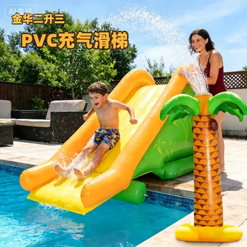 Giant Inflatable Coconut Tree Water Slide Outdoor Kids Swimming Pool Thickened Paddling Pool With Water Jet Spray For Garden