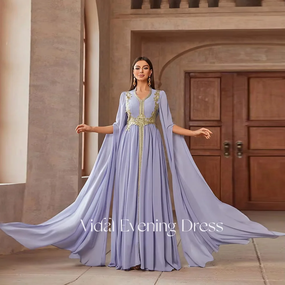 

Vindal Purple Luxury Women's Arabian Evening Long Dress V-Neck Applique Cape Elegant Muslim Abaya Robe for Formal Occasions