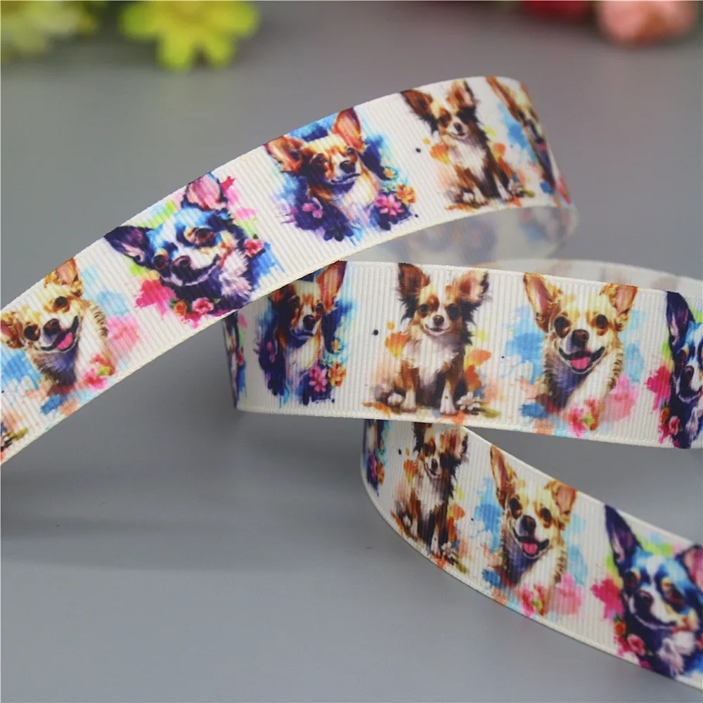 DHK 50yards Chihuahua Dog Printed Grosgrain Ribbon Accessories Headwear Decoration Collar DIY Sewing Craft S2404